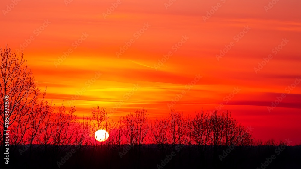 Obraz premium A sunset with a large orange sun in the sky