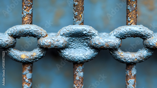 Weathered Chains: A close-up view of heavily weathered chains. The rustic chains tell a story of time and exposure, conveying both strength and decay. 