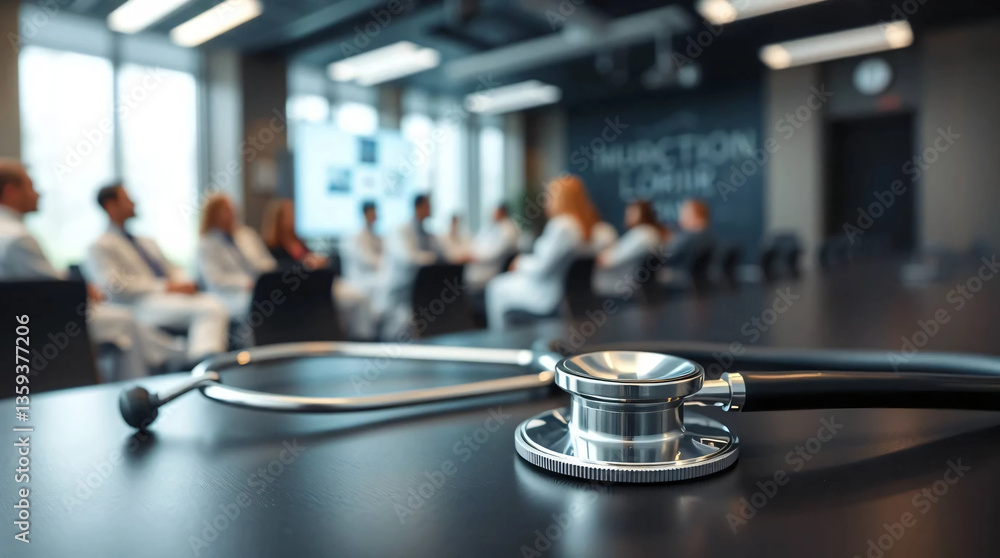© Rhony - Close up of stethoscope on table with background of conference room full of doctors and medical personnel listening to medical presentation © Rhony - Close up of stethoscope on table with background of conference room full of doctors and medical personnel listening to medical presentation