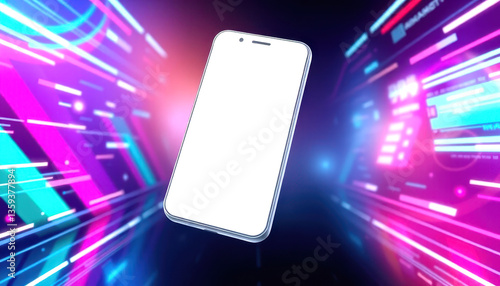 floating blank white screen smartphone on abstract colorful neon background