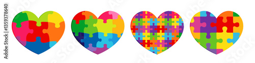 Set of artistic coloured hearts with puzzles in the backdrop and isolated clipping mask. Cute colorful concept. Clip art collection. Educational icons. 3D cut paper template. Rug design. T shirt logo