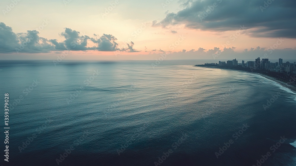 Fototapeta premium Quiet bay with calm waves, dramatic cityscape on the horizon, soft cloud cover, aerial perspective, muted twilight hues. 