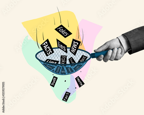 Hand holding sieve to filter truth from lies, facts from fakes. Concept of media literacy, fake news detection, and critical thinking in digital age.