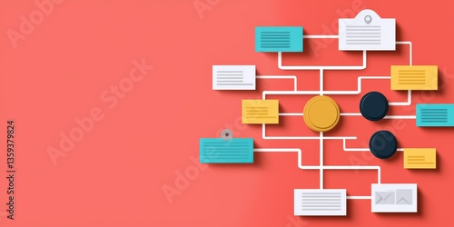 Income Tax government advice concept. Colorful flowchart on a coral background with various shapes and connections.