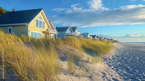 Fototapeta Naklejka Na Ścianę i Meble -  Seaside cottages with pastel exteriors, sand dunes and sea grass leading to the shore, panoramic view, crisp afternoon sunlight. 
