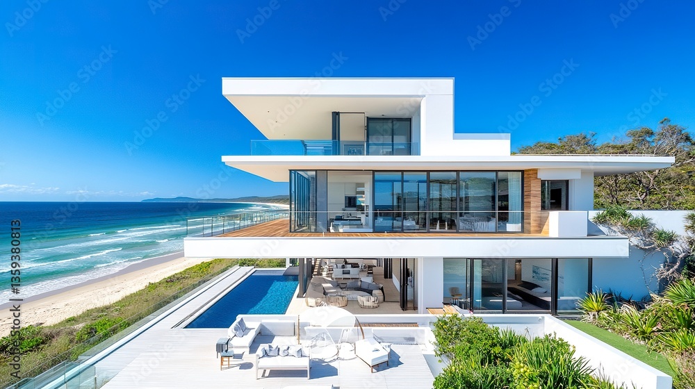 Fototapeta premium Sleek beachfront house, white facade glowing in sunlight, rooftop terrace offering sweeping ocean views, frontal shot, radiant blue sky. 