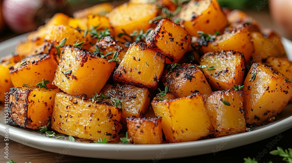 Roasted root vegetables featuring vibrant squash herbs on a white plate suitable for a nutritious lunch or dinner meal Roasted root vegetables featuring vibrant squash herbs on a white plate suitable for a nutritious lunch or dinner meal