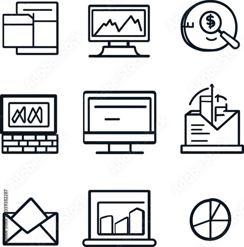  Vector Data and Finance Icons, Line Art Set.