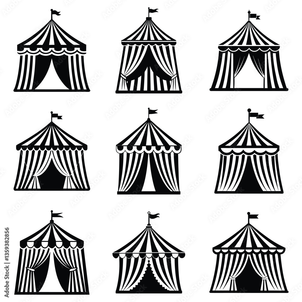 Fototapeta premium Classic Circus Tent with Flag and Open Entrance - Black and White Illustration