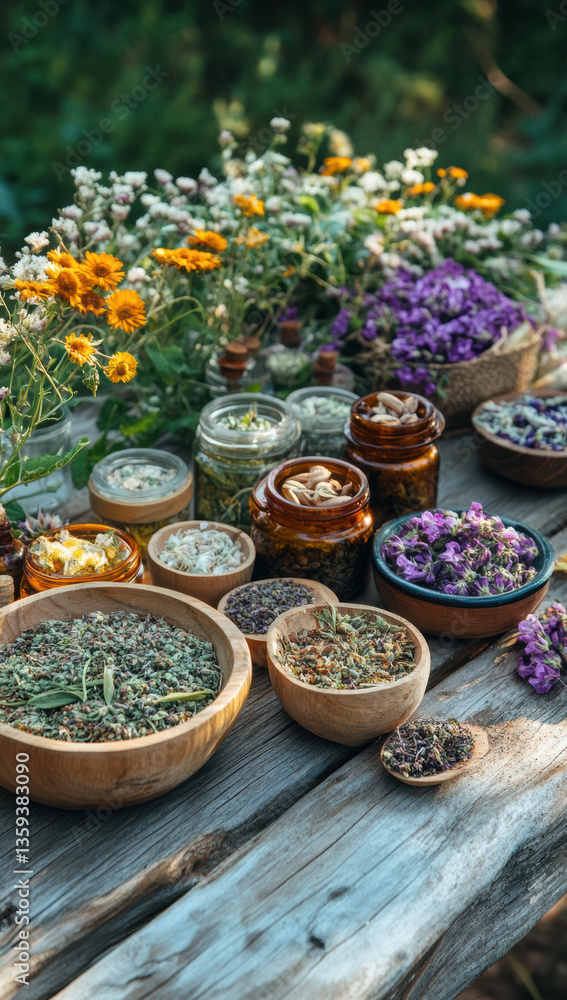 Fototapeta premium vibrant display of various herbs and flowers arranged rustic wooden table, showcasing bowls filled with dried herbs, jars of herbal mixtures, and colorful blooms. This serene setting evokes sense