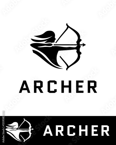A modern, minimalist black-and-white archer logo, featuring a stylized female archer with a bow