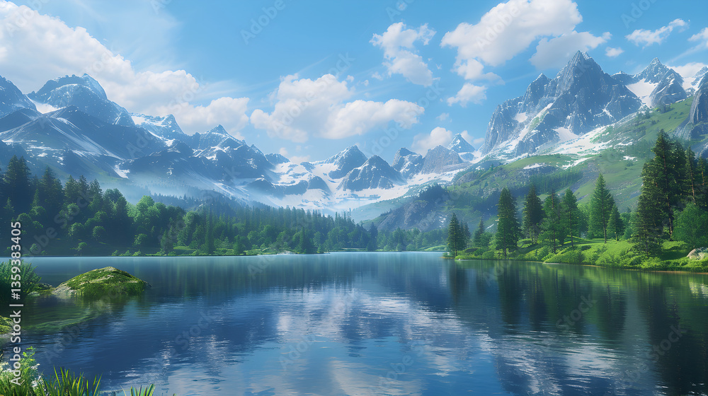 Scenic Mountain Landscape with Reflective Lake and Snow-Capped Peaks Under Clear Blue Sky Scenic Mountain Landscape with Reflective Lake and Snow-Capped Peaks Under Clear Blue Sky