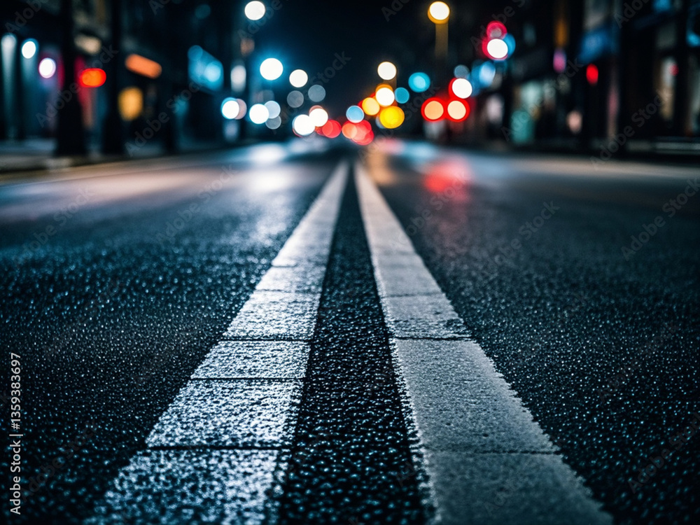 Turning asphalt road with marking lines and reflections with colorful unfocused lights on a background