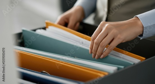Close-up of person organizing files in drawer, office setting