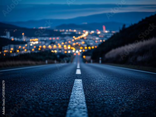 asphalt road leading into the city at night. Selective focus. background