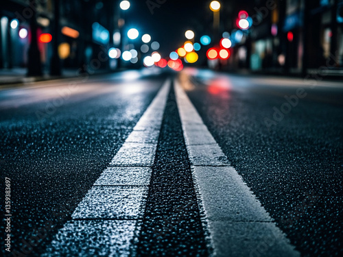 Obraz na płótnie Turning asphalt road with marking lines and reflections with colorful unfocused lights on a background w salonie