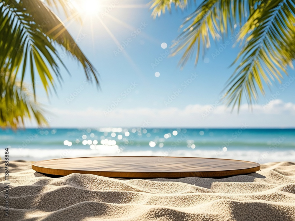empty round table top with blurred sand and palm leaves in sunny abstract seascape with defocused glittering in ocean of sunlights.