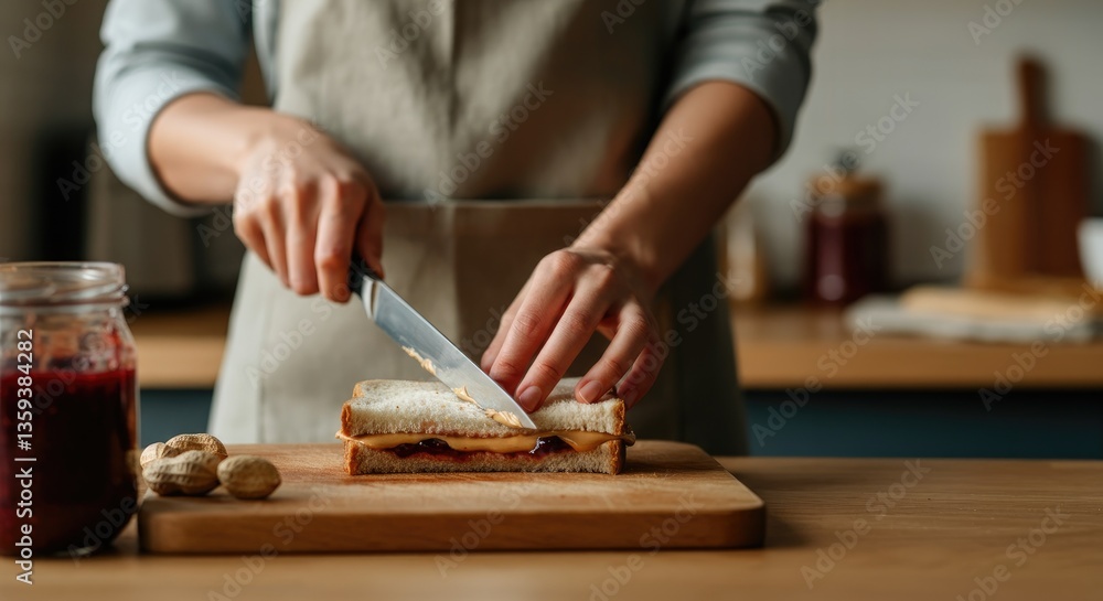 Obraz premium Person making peanut butter and jelly sandwich in kitchen