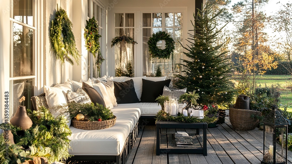 Fototapeta premium Stylish veranda with a country-chic black-and-white outdoor sofa, holiday decor including wreaths and a Christmas tree, warm tones of late afternoon light, perfect for entertaining. 