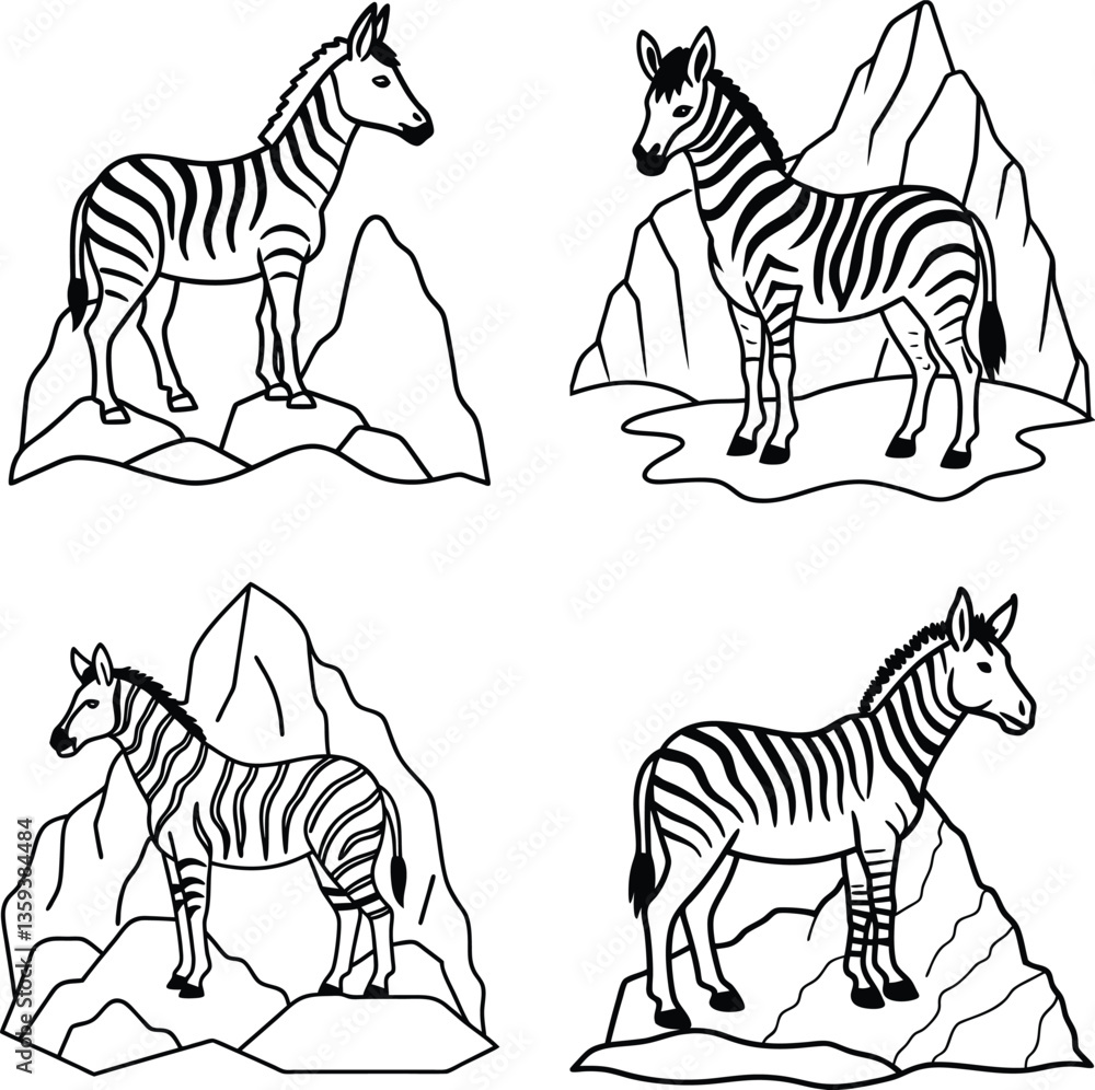 Obraz premium Zebra Vector Art Illustration Set in Black and White Hand Drawn Animal Clipart