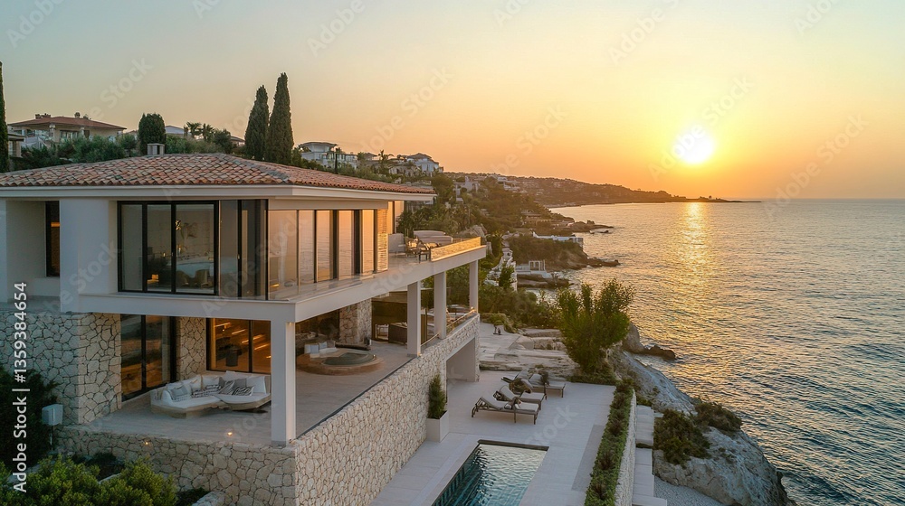 Fototapeta premium Summer villa perched near a beach, expansive terraces, light stone walls, breathtaking ocean views, drone shot, radiant golden sunset.