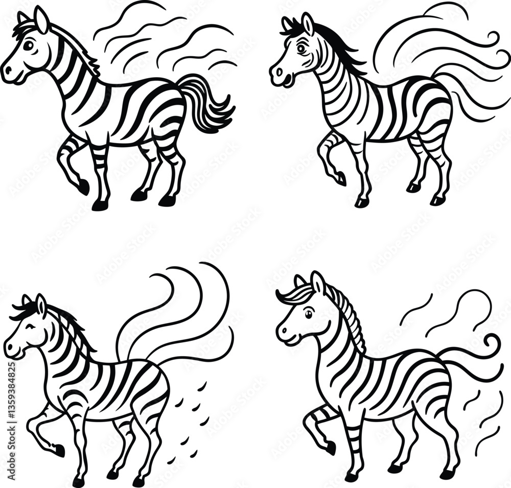 Fototapeta premium Zebra Vector Art Illustration Set in Black and White Hand Drawn Animal Clipart