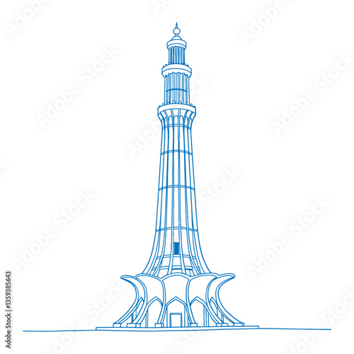 Minimalist Digital Line Art Illustration of Minar-e-Pakistan in Lahore, Pakistan – Iconic Historical Monument in Modern Architectural Outline Design