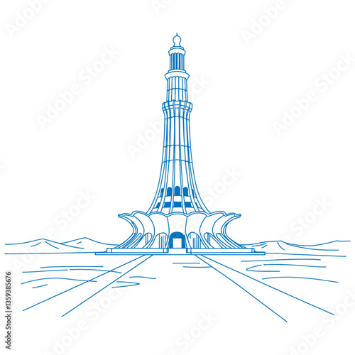 Modern Outline Vector Illustration of Minar e Pakistan Historic National Monument and Cultural Landmark in Lahore Pakistan