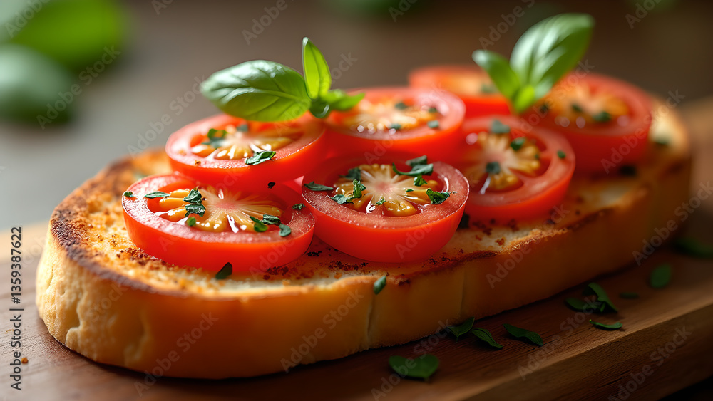 Tomato Bruschetta with Basil Leaves Close Up View Tomato Bruschetta with Basil Leaves Close Up View