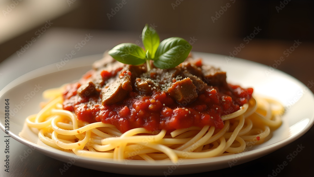 Spaghetti with Tomato Sauce, Meat and Basil Leaf Spaghetti with Tomato Sauce, Meat and Basil Leaf