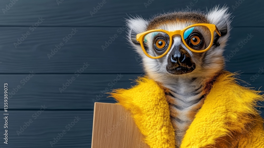 Fototapeta premium Monkey wearing glasses and a yellow coat