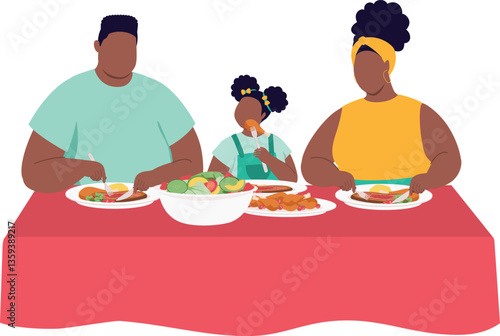 Plus Size Black Family With One Daughter Eating Dinner Together At Home.