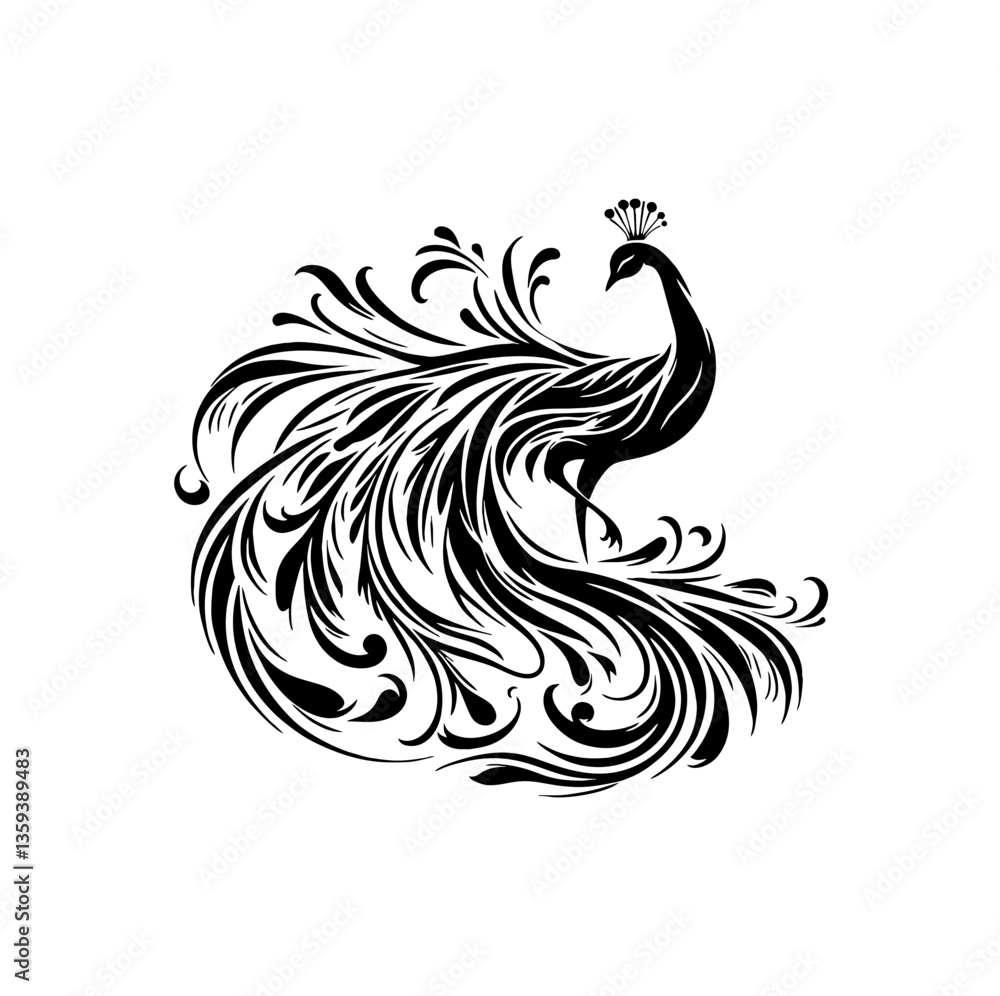 Obraz premium Graceful Peacock Silhouette Dance – Elegant Single-Color Vector with Flowing Lines & Balanced Symmetry