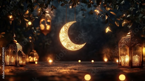 A dreamy photograph of floating crescent moons surrounded by softly lit golden lanterns in a minimalist and modern Eid display