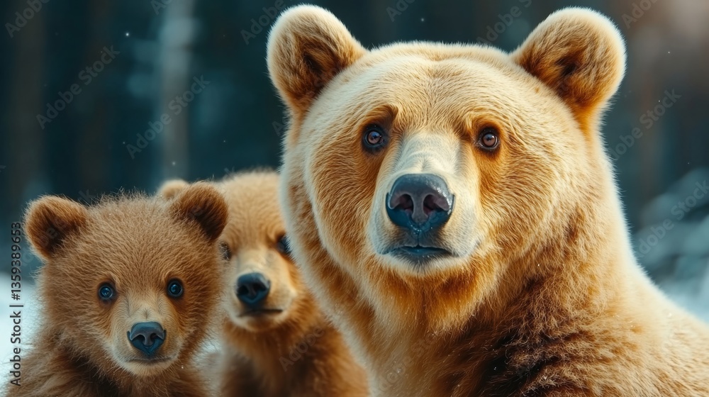 Fototapeta premium Three bears are standing in a snowy forest