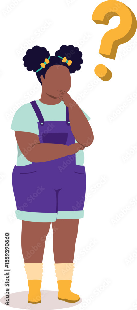 One Plus Size Black Little Girl Standing And Thinking Question With Her Hand On Chin. One Plus Size Black Little Girl Standing And Thinking Question With Her Hand On Chin.