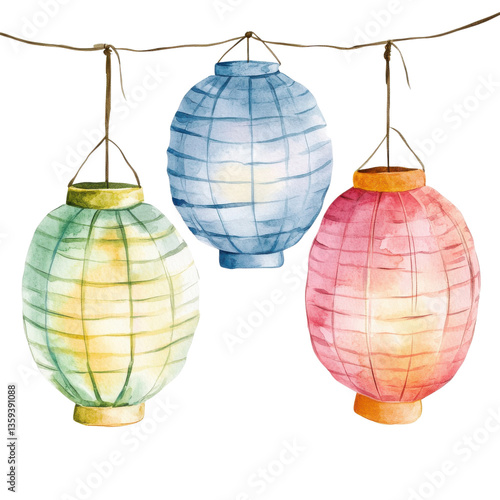 Hanging colorful lanterns on transparent background.
