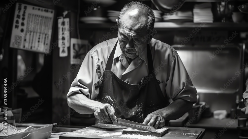 A black and white image of a sushi chef is hard at work in a busy restaurant. He is focused on his task. A black and white image of a sushi chef is hard at work in a busy restaurant. He is focused on his task.
