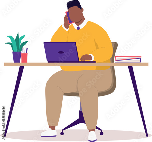 Plus Size Black Man With Handphone And Laptop Working At The Desk. Notebook. Worker. Staff.