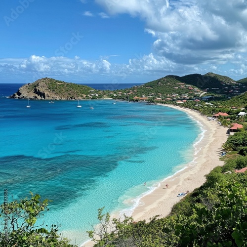Ascencion Day (Saint Barthelemy) Sunny caribbean beach with clear blue water and lush hills