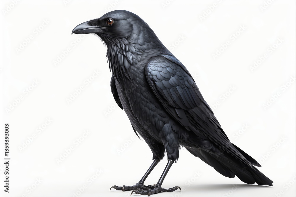 Fototapeta premium A majestic black raven, isolated on a white background, shown in profile view, showcasing its dark plumage and sharp beak.