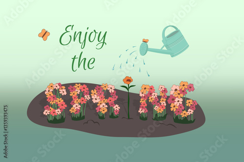 Watering flowers in a flowerbed, spring floral background