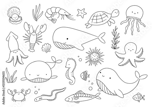 Cute smiling sea animals doodle illustrations set for children. Vector nautical colorless drawings for coloring book