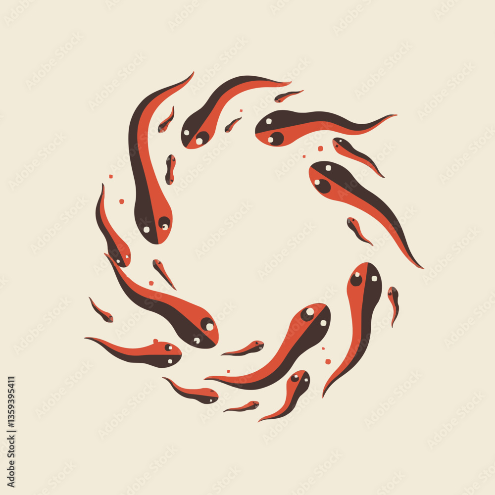 Spring awakening of tadpoles, Colorful tadpoles swimming in a circular pattern representing spring awakening Spring awakening of tadpoles, Colorful tadpoles swimming in a circular pattern representing spring awakening
