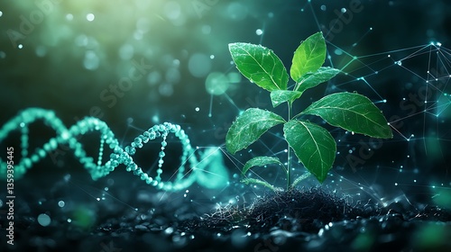 Biotechnology Concept with Plant and DNA Helix, A young plant growing with a digital DNA helix overlay, symbolizing biotechnology