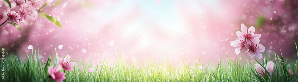 Fototapeta premium Spring pink flowers on green grass