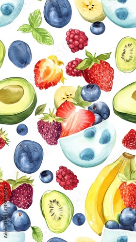 Seamless watercolor patterns Avocado and Fruit. Vibrant Watercolor Painting of Assorted Fruits and Berries