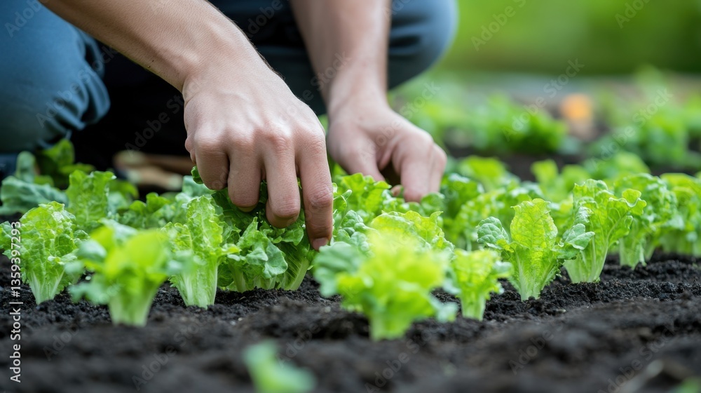 A person is planting lettuce in neat rows during a cloudy day, showcasing the care and attention given to the garden A person is planting lettuce in neat rows during a cloudy day, showcasing the care and attention given to the garden