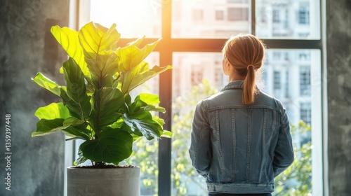 A person stands in front of a potted plant, gazing out the window as sunlight streams in, creating a warm and serene atmosphere photo