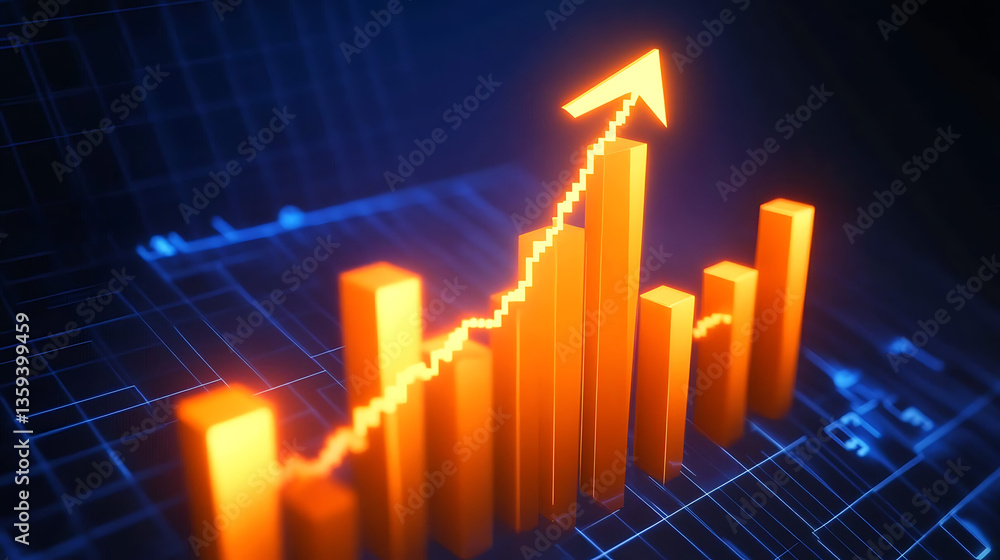 Business Growth Chart With Arrow and Orange Bars Ascending Over a Digital Circuit Board Background Business Growth Chart With Arrow and Orange Bars Ascending Over a Digital Circuit Board Background